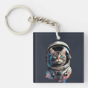 Astronaut Cat In Space Watercolor Art Key Ring