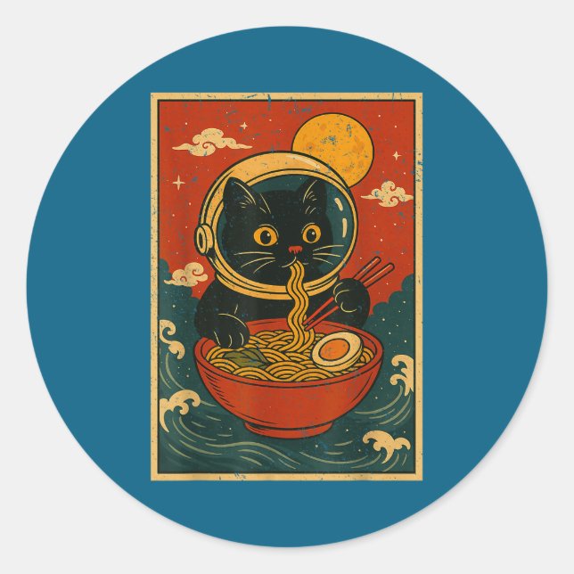 Astronaut Cat Ramen Japanese Graphic Tees Men Wome Classic Round Sticker (Front)