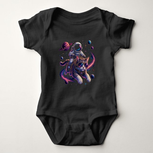 Astronaut cat riding through space baby bodysuit (Front)