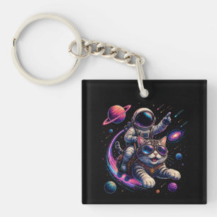 Astronaut cat riding through space key ring