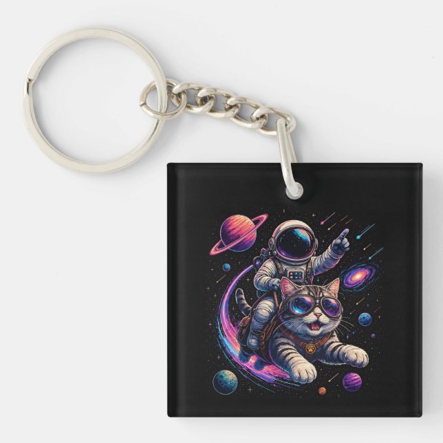 Astronaut cat riding through space key ring (Front)
