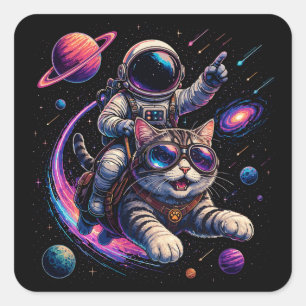 Astronaut cat riding through space square sticker