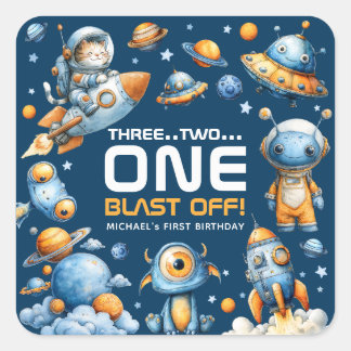 Astronaut Cat Space Rocket Blast Off 1st Birthday Square Sticker