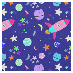 astronaut cat spaceship galaxy fabric