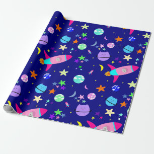 astronaut cat spaceship galaxy wrapping paper