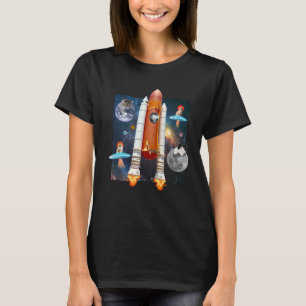 Astronaut Cats In Outer Space Meow Spaceship UFO K T-Shirt