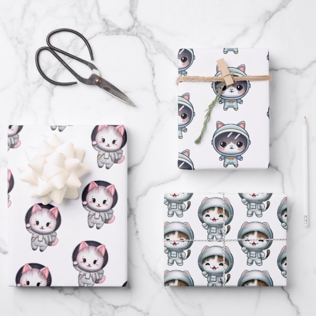 Astronaut Cats in Space With Friends Cute Wrapping Paper Sheet (Front)