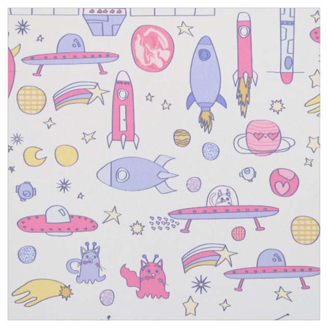 astronaut cats rocket ufo sci-fi spaceship fabric (Swatch)