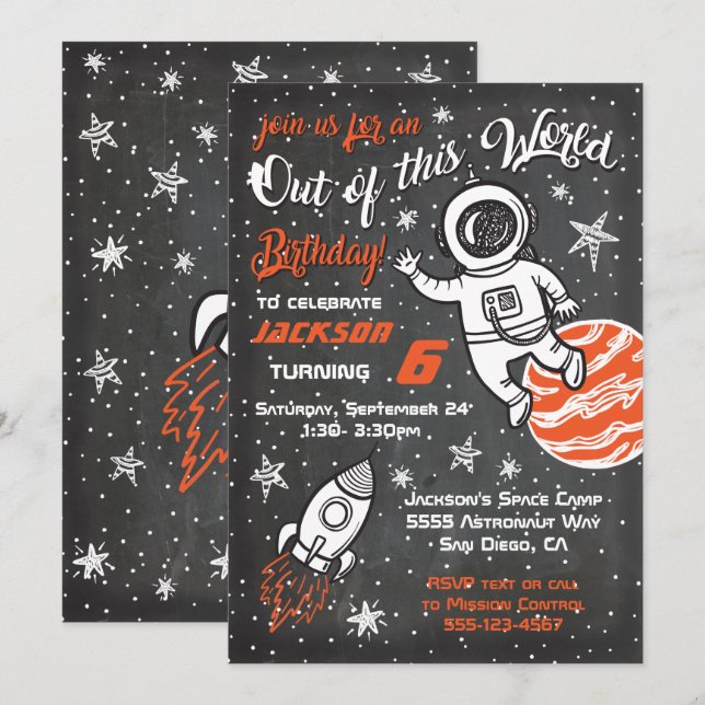 Astronaut Chalkboard Space Birthday Party Invites (Front/Back)