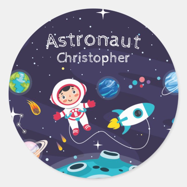 Astronaut child on the moon, monogrammed name  classic round sticker (Front)