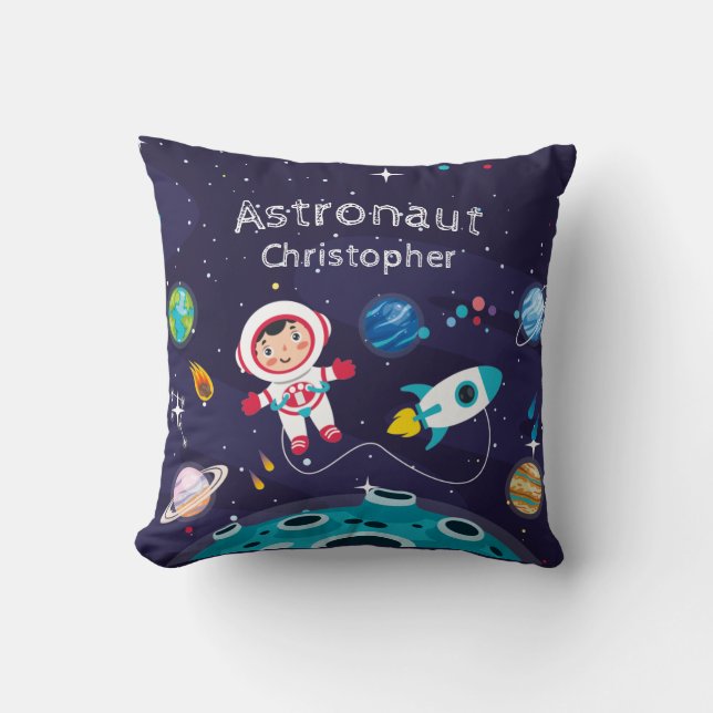 Astronaut child on the moon, monogrammed name cushion (Front)