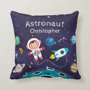 Astronaut child on the moon, monogrammed name cushion