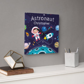Astronaut child on the moon, monogrammed name square wall clock