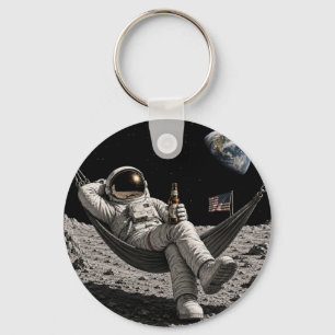 Astronaut Chilling with Beer on the Moon Key Ring