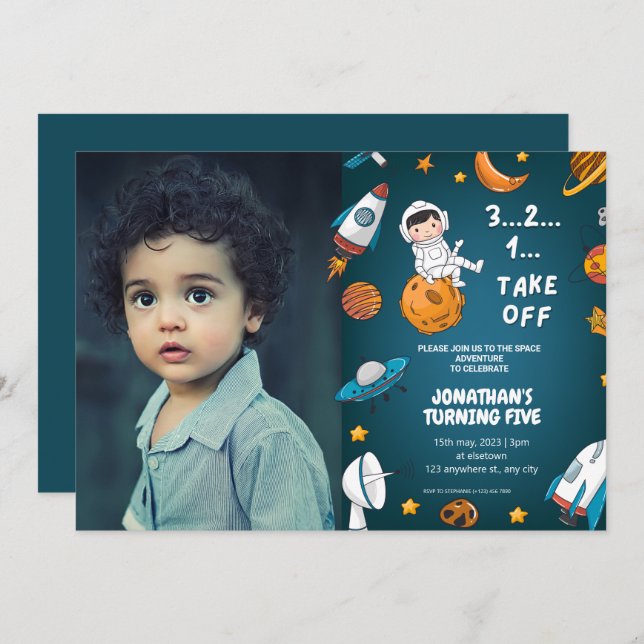 Astronaut Custom Photo Space planets blue theme  Invitation (Front/Back)