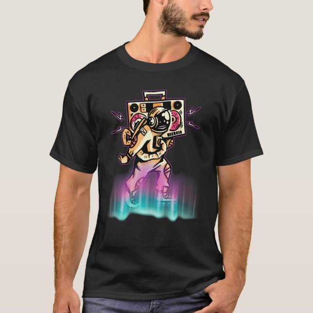 Astronaut dancing Retro with Music Player T-Shirt (Front)