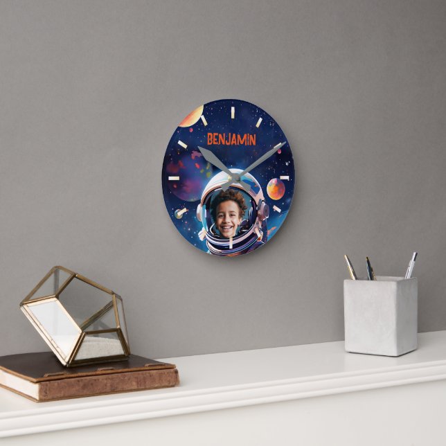 Astronaut Deep Space Sky Planets Kids Photo Gift  Round Clock (Office)