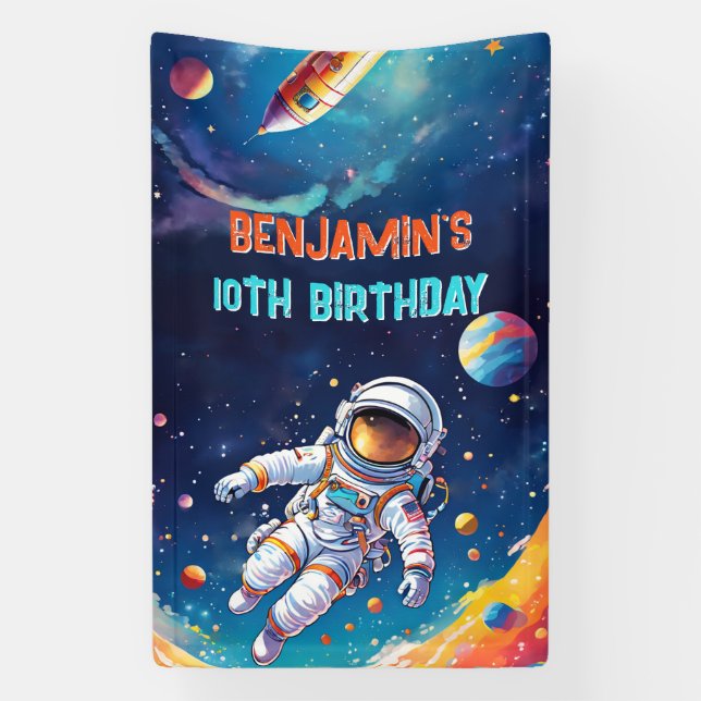 Astronaut Deep Space Sky Planets Photo Birthday Banner (Vertical)