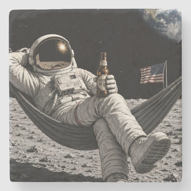 Astronaut Drinking Beer on the Moon Stone Coaster (Front)