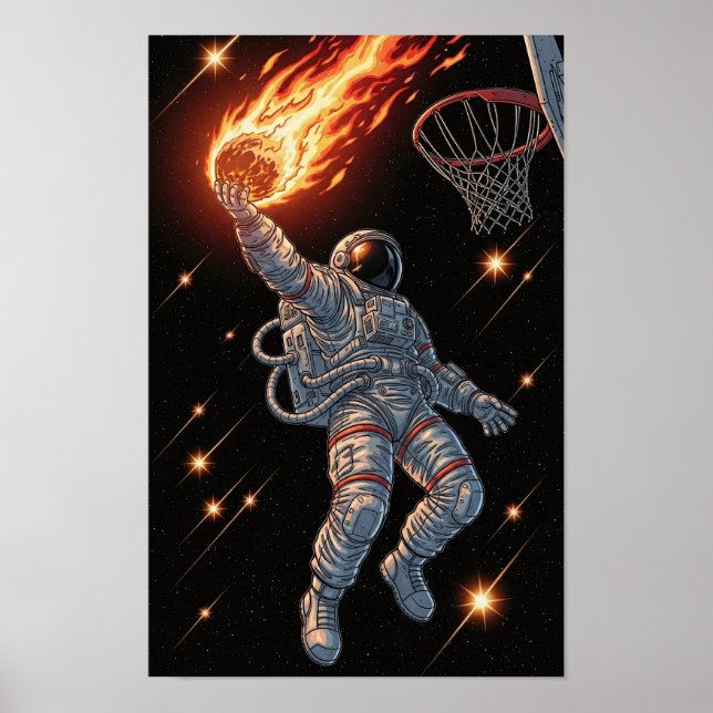 Astronaut Dunking Fiery Basketball Dynamic Space Poster (Front)