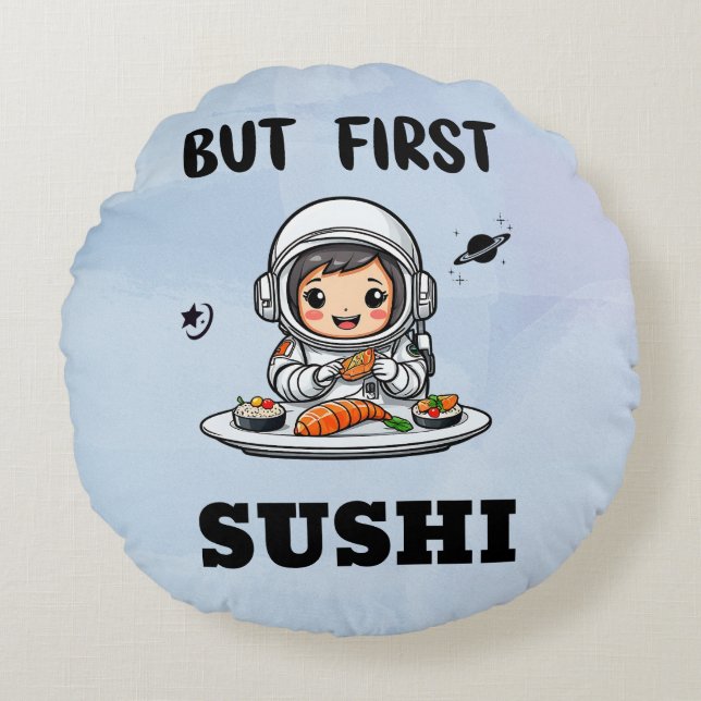 Astronaut eating Sushi Round Cushion (Front)