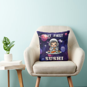Astronaut eating Sushi white text Cushion