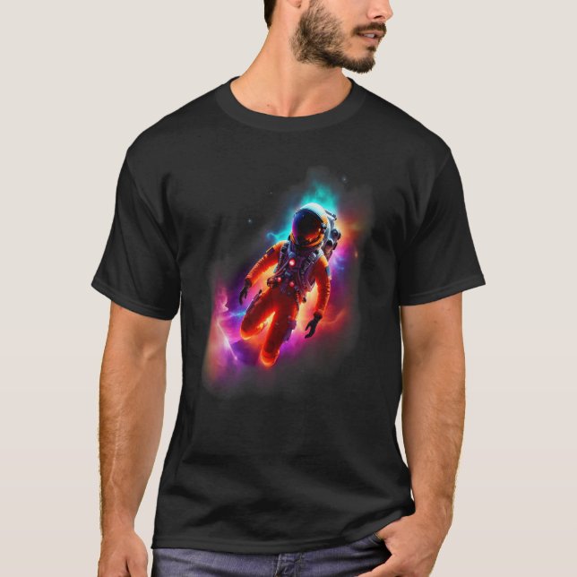 Astronaut Exploring a Colorful Nebula T-Shirt (Front)