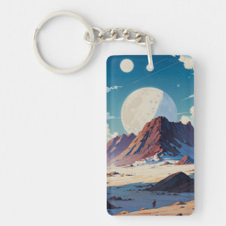 Astronaut Exploring a Vast Alien Desert under Twin Key Ring