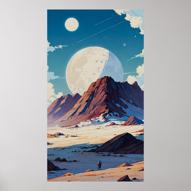 Astronaut Exploring a Vast Alien Desert under Twin Poster (Front)