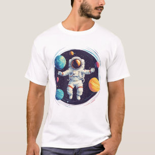 Astronaut exploring colourful solar system T-Shirt