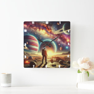 Astronaut Exploring Vibrant Galactic Scenery Square Wall Clock