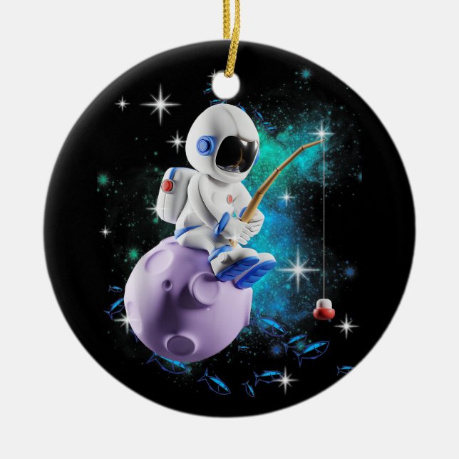 Astronaut Fishing In Outer Space Galaxy Ceramic Ornament (Front)