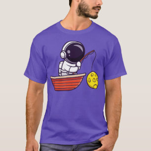Astronaut Fishing Moon On Boat Cartoon T-Shirt