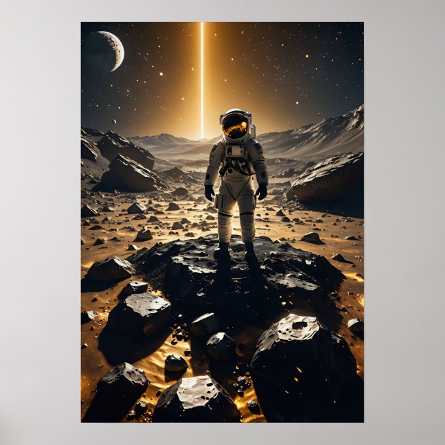 Astronaut Floating Above Glowing Golden Asteroids  Poster (Front)