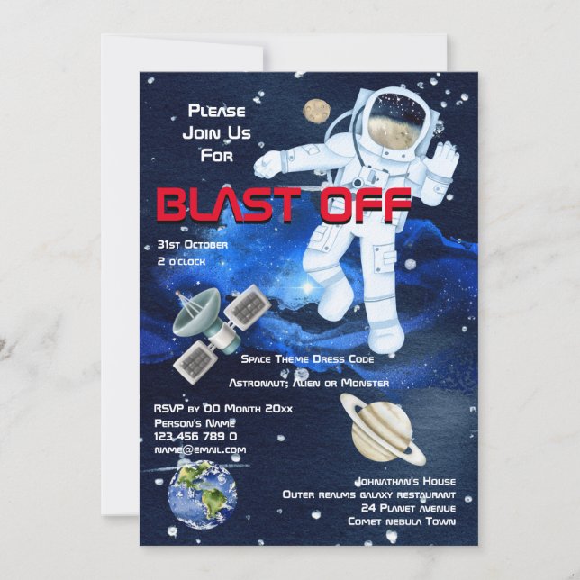 Astronaut floating among planets AGE boys space Invitation (Front)