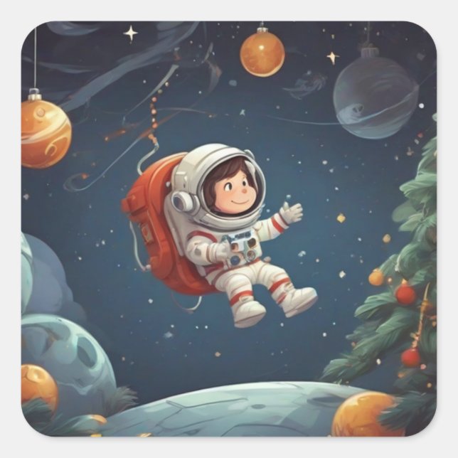 Astronaut Floating Around Christmas Tree Square Sticker (Front)