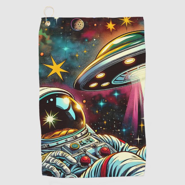 Astronaut Floating in Space with a UFO Ai Art Golf Towel (Front)