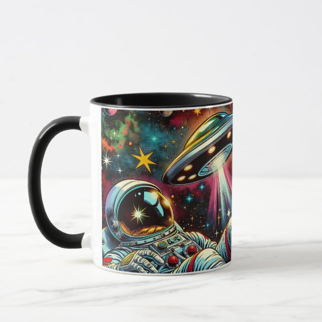 Astronaut Floating in Space with a UFO Ai  Art Mug (Left)