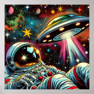 Astronaut Floating in Space with a UFO Ai  Art Poster