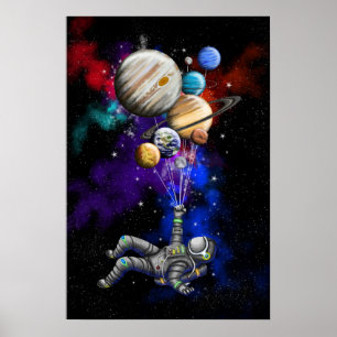 Astronaut floating in space with balloons poster