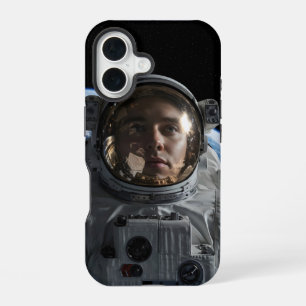 Astronaut floating in space with Earth visible iPhone 16 Case