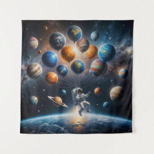 Astronaut Floating with Planets Balloons Tapestry