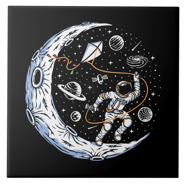 Astronaut Flying a Kite on the Moon Ceramic Tile (Front)
