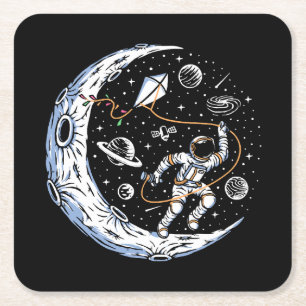 Astronaut Flying a Kite on the Moon Square Paper Coaster