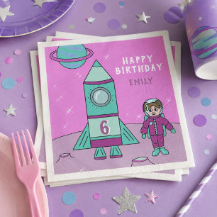 Astronaut Girl and Rocket Moon Space Birthday Napkin