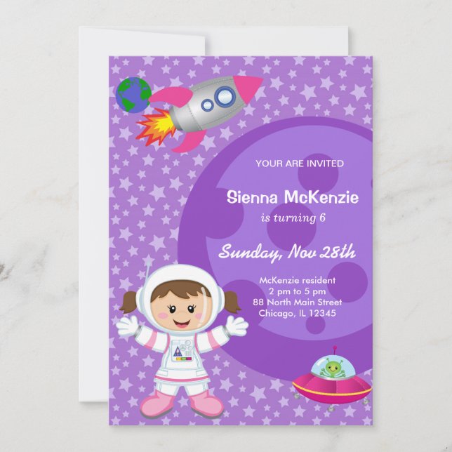 Astronaut girl Birthday theme Invitation (Front)