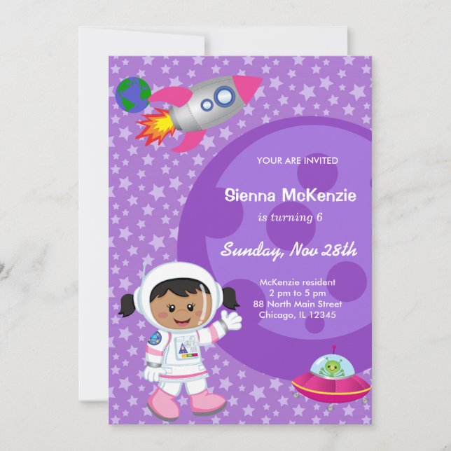 Astronaut girl Birthday theme Invitation (Front)