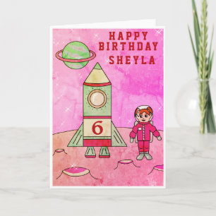 Astronaut Girl Moon in Space Cute Happy Birthday Card