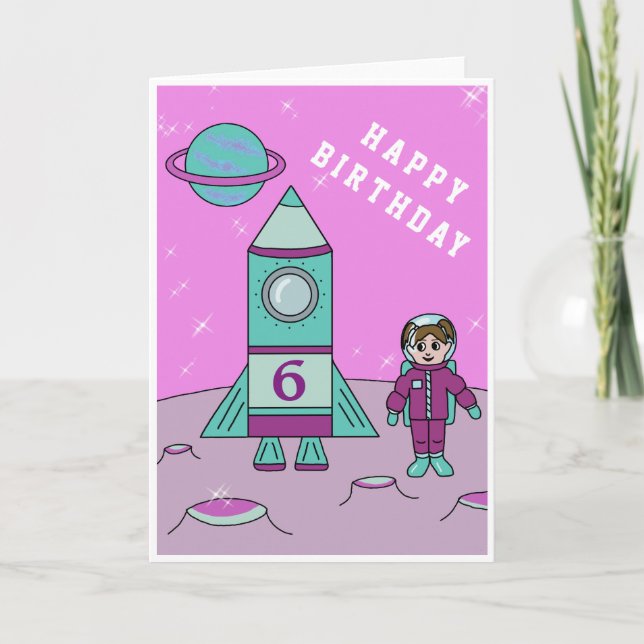 Astronaut Girl on the Moon Space Happy Birthday Card (Front)