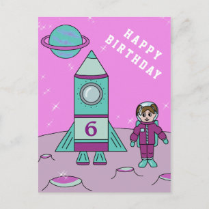 Astronaut Girl on the Moon Space  Happy Birthday Postcard